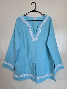 Lilly Pulitzer Aqua V-Neck Tunic Size L 100% Linen